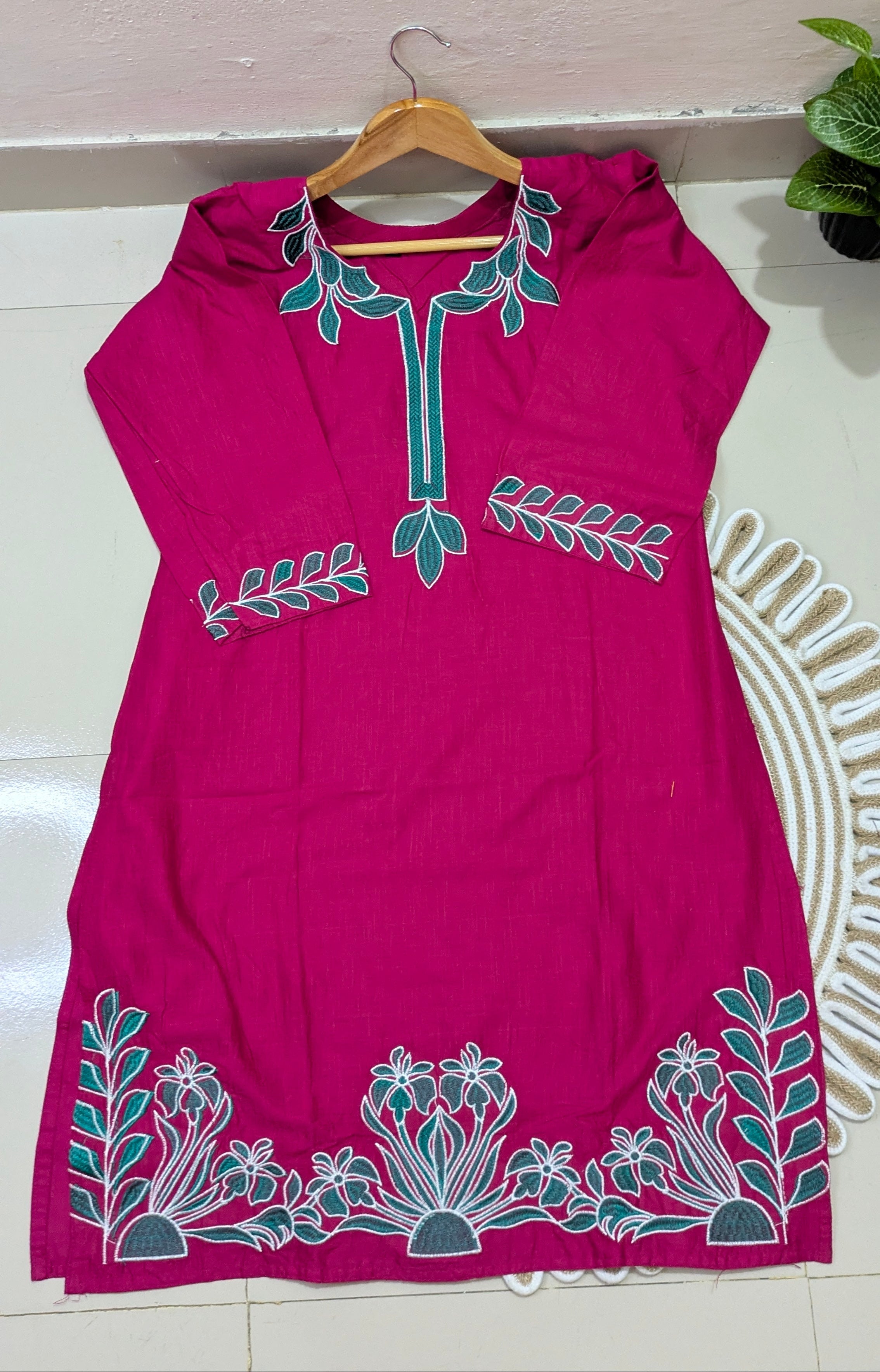 Magenta Floral Embroidered Aarong Cotton Kurti | Summer Kurti for Women