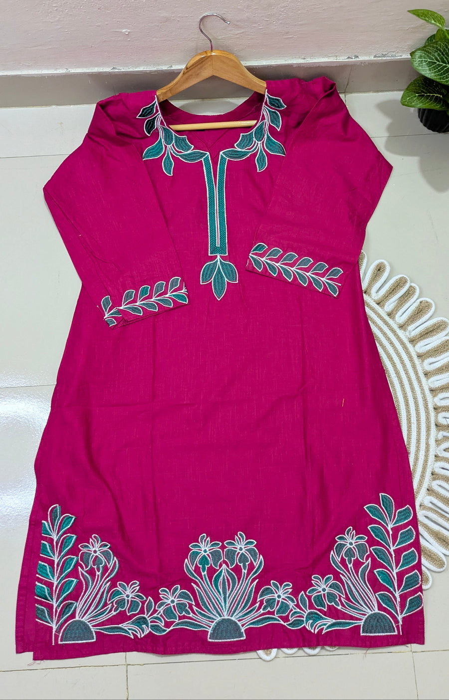 Magenta Floral Embroidered Cotton Kurti