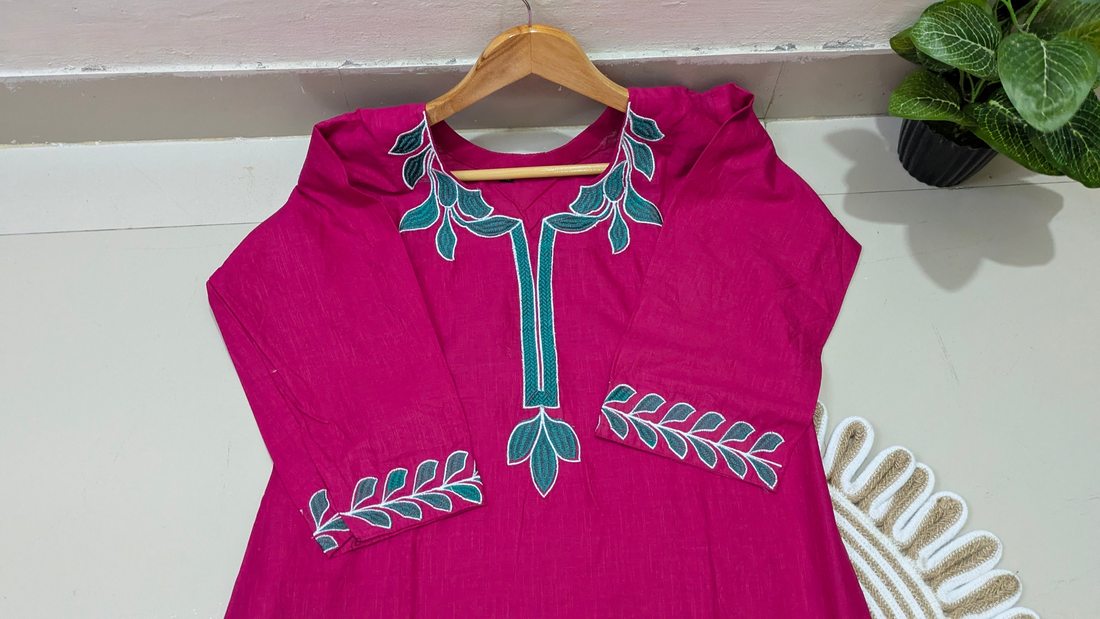 Magenta Floral Embroidered Aarong Cotton Kurti | Summer Kurti for Women