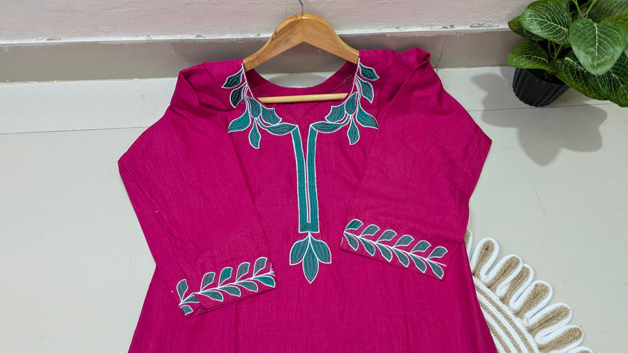 Magenta Floral Embroidered Cotton Kurti