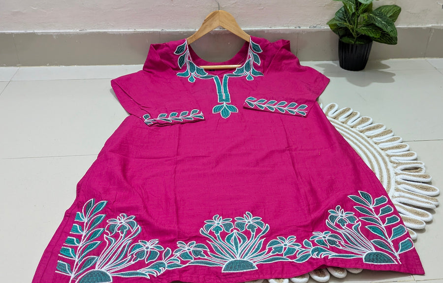 Magenta Floral Embroidered Cotton Kurti