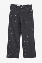 Women's High-Rise Baggy Wide Leg Eyelet Embellished Stretch Denim Jeans | Black