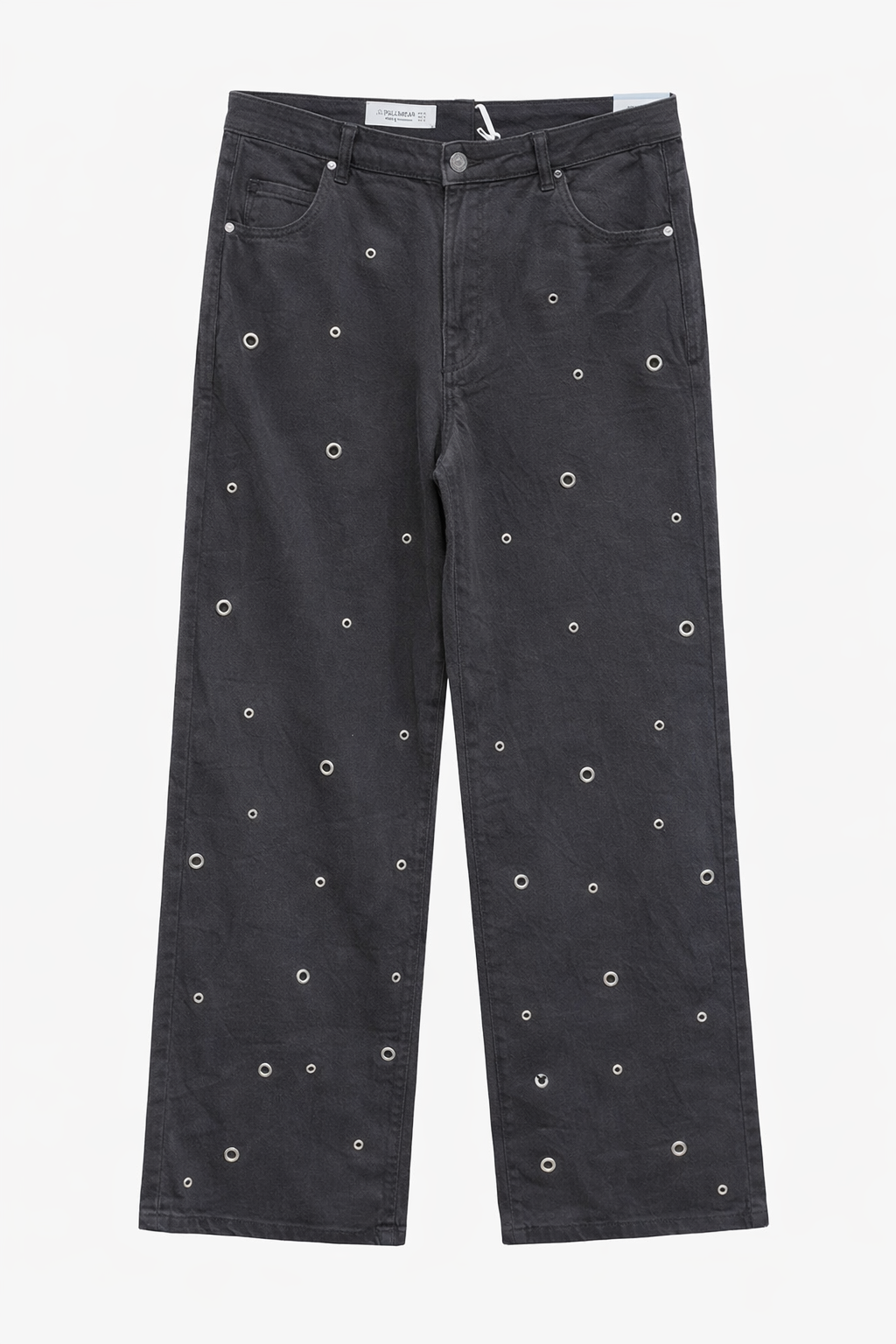 Women's High-Rise Baggy Wide Leg Eyelet Embellished Stretch Denim Jeans | Black