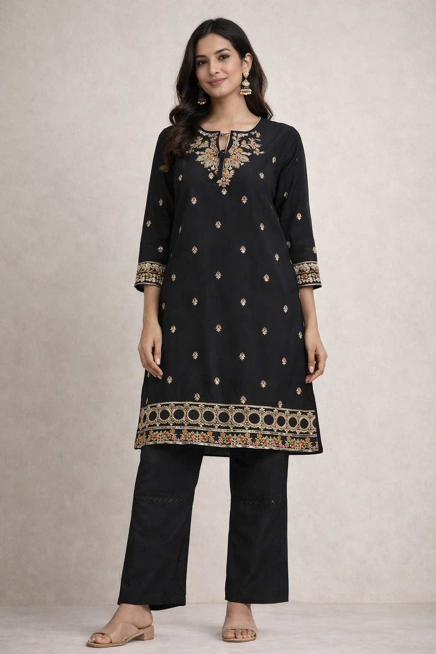 Black Embroidered Kurta Co‑Ord Set for Women
