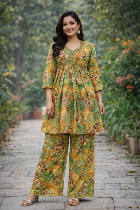 Yellow‑Green Floral Printed  Georgette Co‑Ord Set