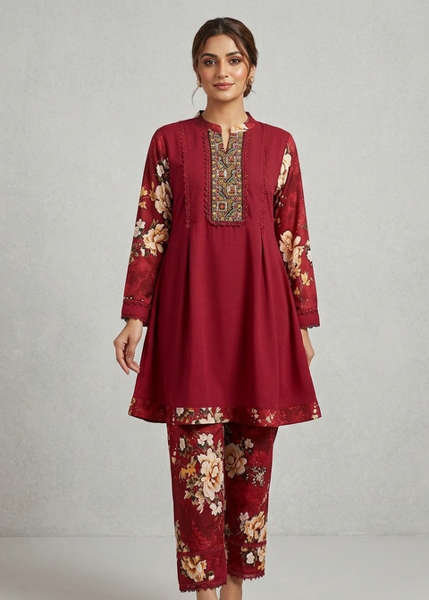 Red Floral Printed dubai cheri material Co‑Ord Set for Women