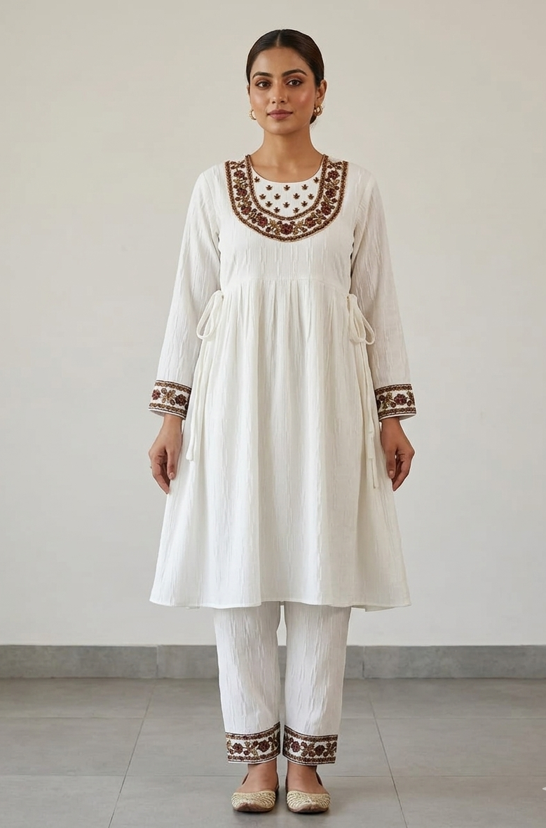 White Embroidered Cotton Co-Ord Set for Women | Ethnic Kurta Pant Set