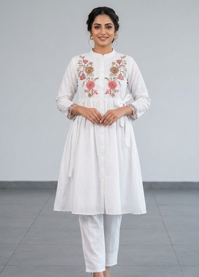 White Floral Embroidered Co-Ord Set for Women | Cotton Kurta Pant Set