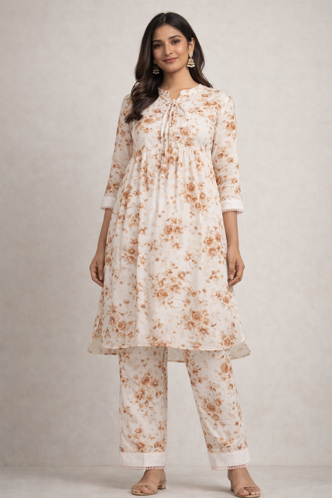 Cream Floral Printed Co-Ord Set for Women | Flared Kurta Pant Set