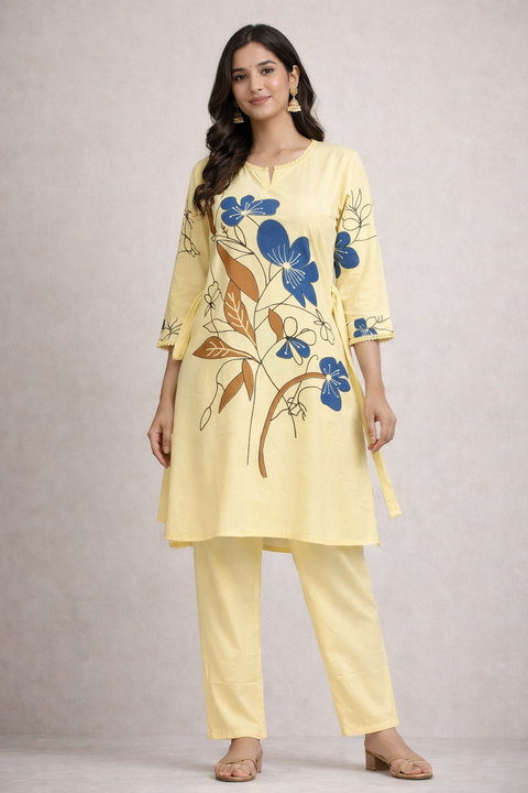 Yellow Floral Printed Co-Ord Set for Women | Cotton Kurta Pant Set