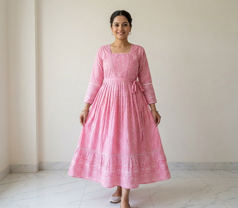 Pink Lilen Embroidered Anarkali Dress for Women