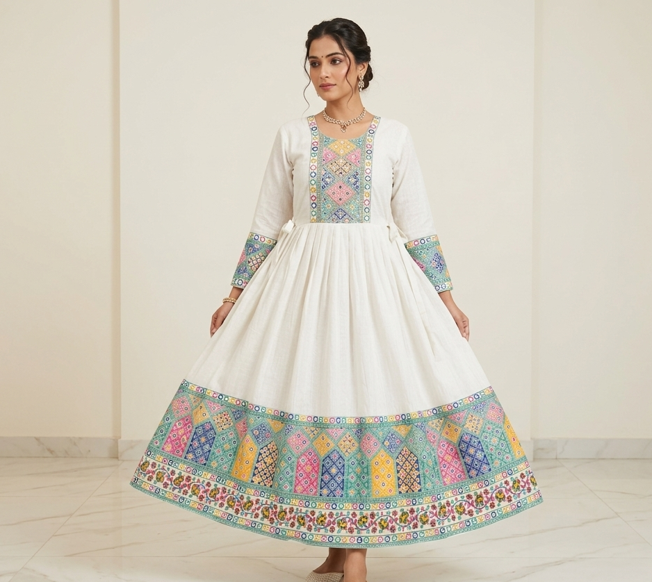 White Embroidered Anarkali Dress for Women