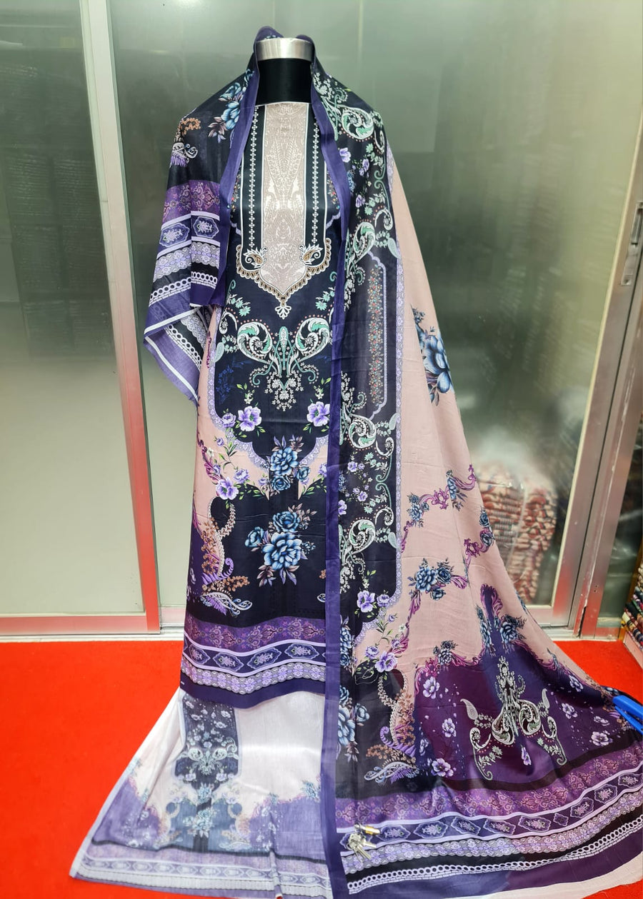 Floral Multicolor Zam Zam swiss lawn Cotton থ্রি-পিস | শান্ত রঙে বাংলাদেশি নারীদের Regular Wear