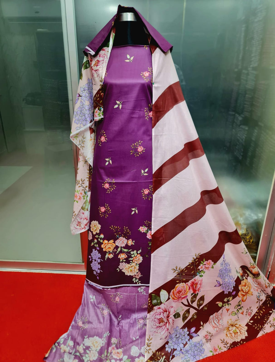COCO Print Purple Floral Digital Printed থ্রি-পিস |Elegant Regular Wear