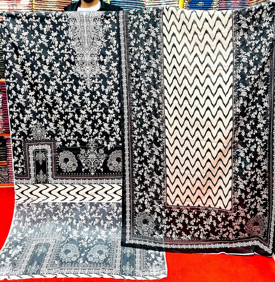 Black Printed Zam Zam Cotton থ্রি-পিস | Daily Wear-এ বাংলাদেশি নারীদের প্রিয় পোশাক