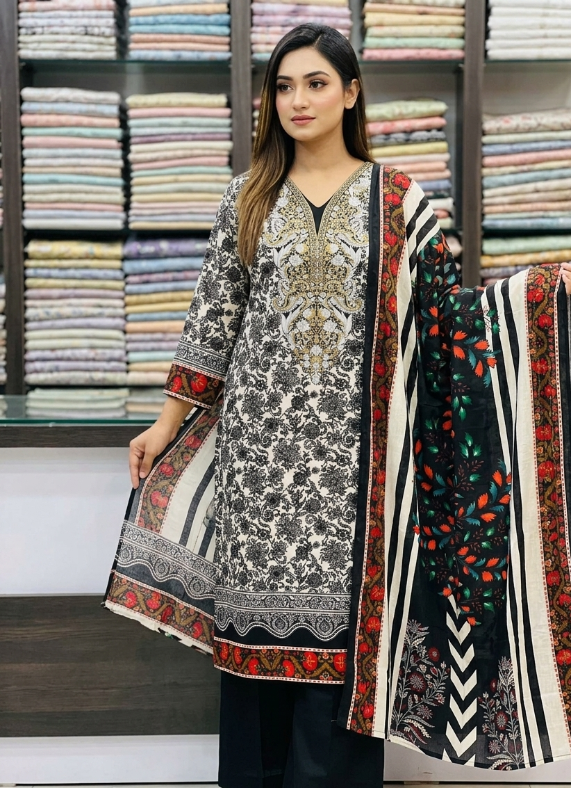 Multicolor Printed Zam Zam Cotton থ্রি-পিস | বাংলাদেশি নারীদের Regular Wear-এ রঙিন পছন্দ
