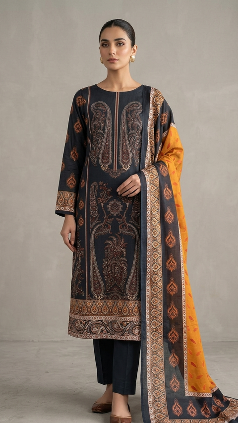 Black & Orange Printed Zam Zam Cotton থ্রি-পিস | Daily Wear-এ বাংলাদেশি নারীদের Bold পোশাক