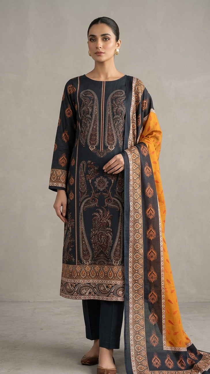 Black & Orange Printed Zam Zam Cotton থ্রি-পিস | Daily Wear-এ বাংলাদেশি নারীদের Bold পোশাক