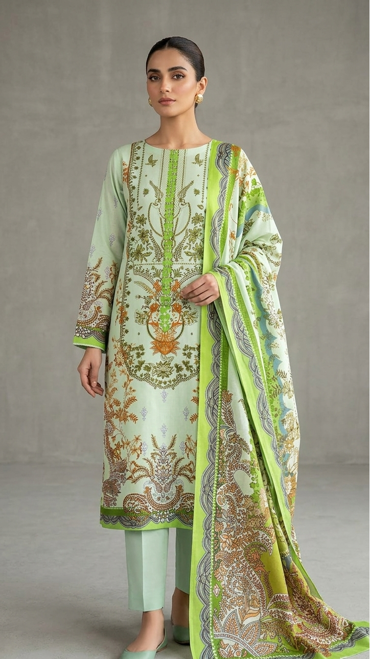 White-Green Printed Zam Zam Cotton থ্রি-পিস | Daily Wear-এ বাংলাদেশি নারীদের Fresh পোশাক