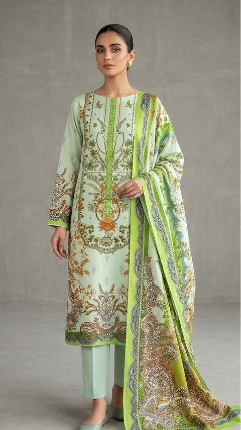 White-Green Printed Zam Zam Cotton থ্রি-পিস | Daily Wear-এ বাংলাদেশি নারীদের Fresh পোশাক