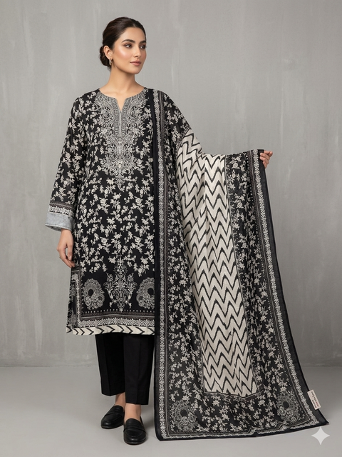 Black Printed Zam Zam Cotton থ্রি-পিস | Daily Wear-এ বাংলাদেশি নারীদের প্রিয় পোশাক
