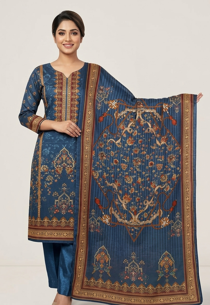 Blue & Off-White Printed Zam Zam Cotton থ্রি-পিস | বাংলাদেশি নারীদের Everyday Comfort