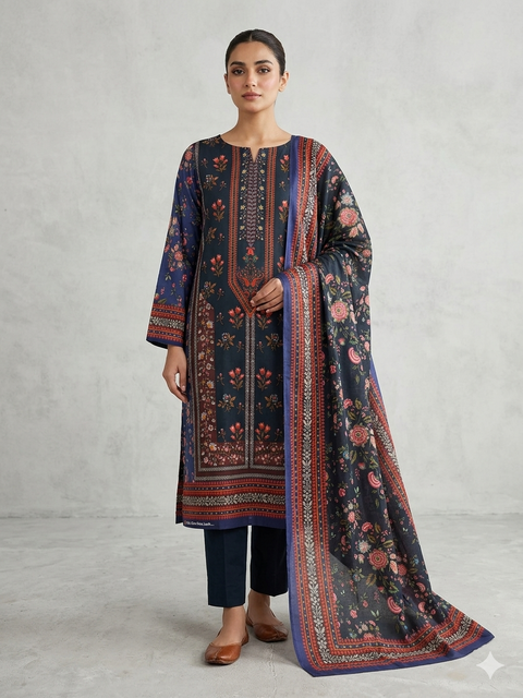 Zam Zam A+ Grade Blue Floral Printed থ্রি-পিস | বাংলাদেশি নারীদের Premium Regular Wear