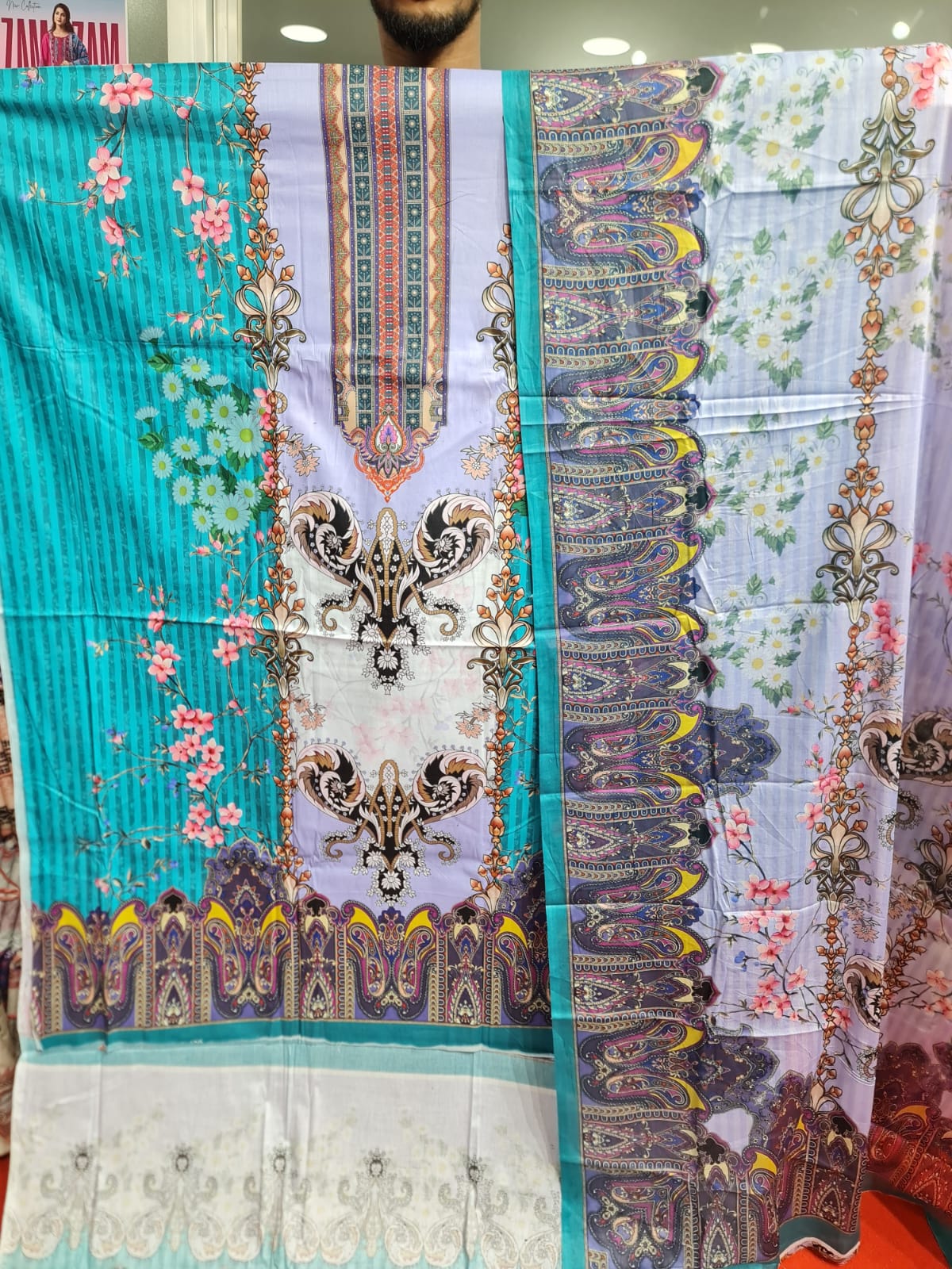 Zam Zam Cotton থ্রি-পিস | Lavender & Teal Floral Printed | A+ Grade Unstitched | বাংলাদেশি নারীদের Regular Wear