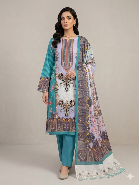 Zam Zam Cotton থ্রি-পিস | Lavender & Teal Floral Printed | A+ Grade Unstitched | বাংলাদেশি নারীদের Regular Wear