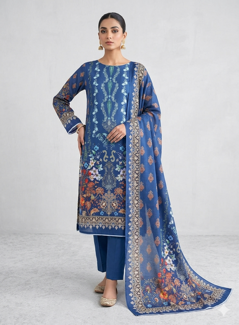 Zam Zam Cotton থ্রি-পিস | Royal Blue Floral Printed | A+ Grade Unstitched | বাংলাদেশি নারীদের Regular Wear