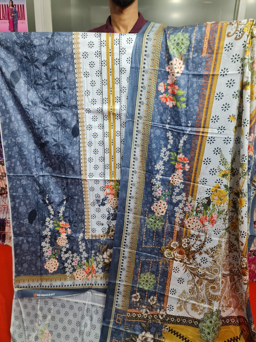 Zam Zam Cotton থ্রি-পিস | Steel Blue Floral Printed | A+ Grade Unstitched | বাংলাদেশি নারীদের Regular Wear
