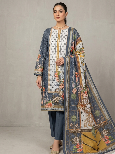 Zam Zam Cotton থ্রি-পিস | Steel Blue Floral Printed | A+ Grade Unstitched | বাংলাদেশি নারীদের Regular Wear