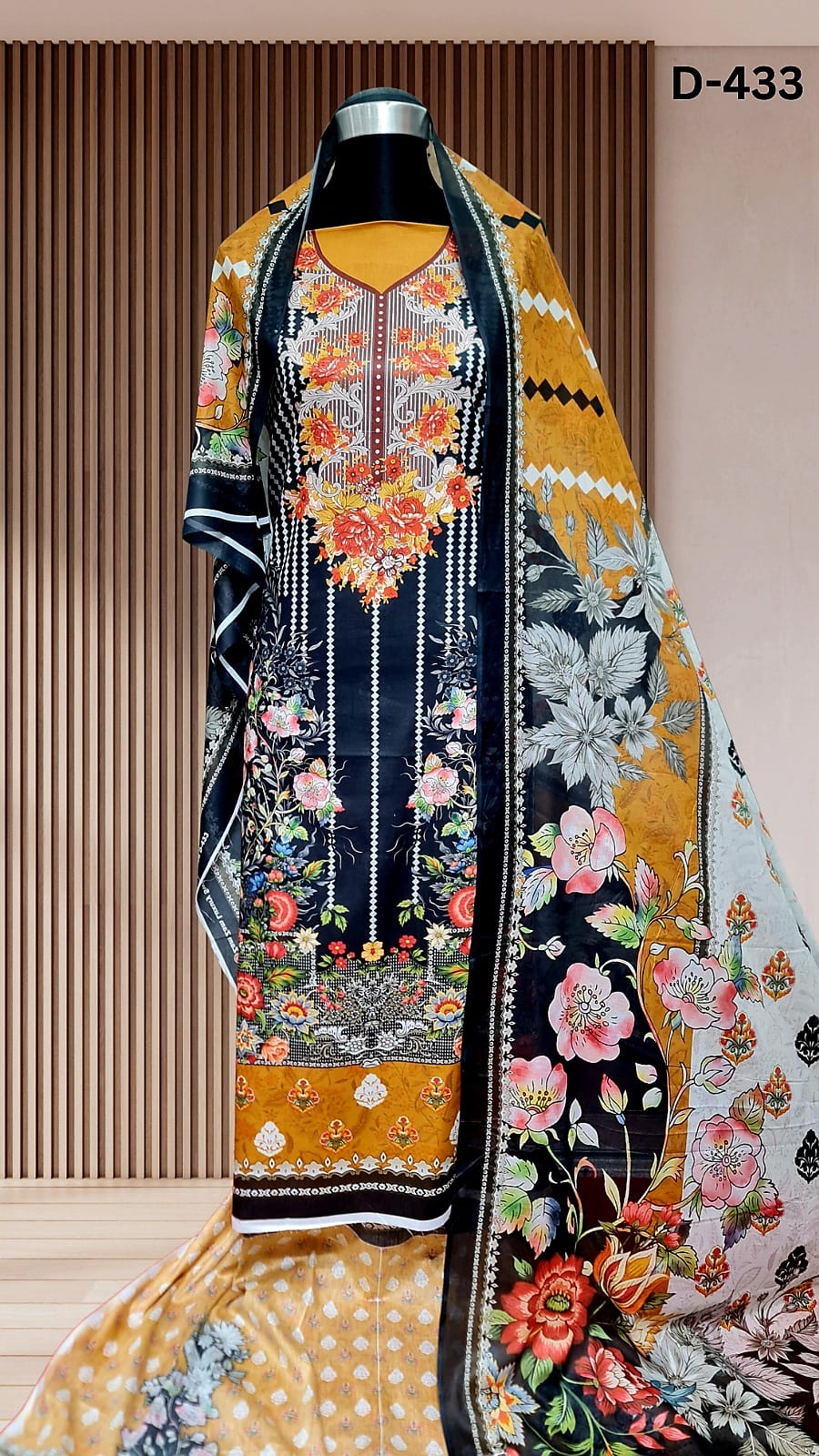 Zam Zam Cotton থ্রি-পিস | Black & Mustard Bold Floral Printed | A+ Grade Unstitched | বাংলাদেশি নারীদের Regular Wear