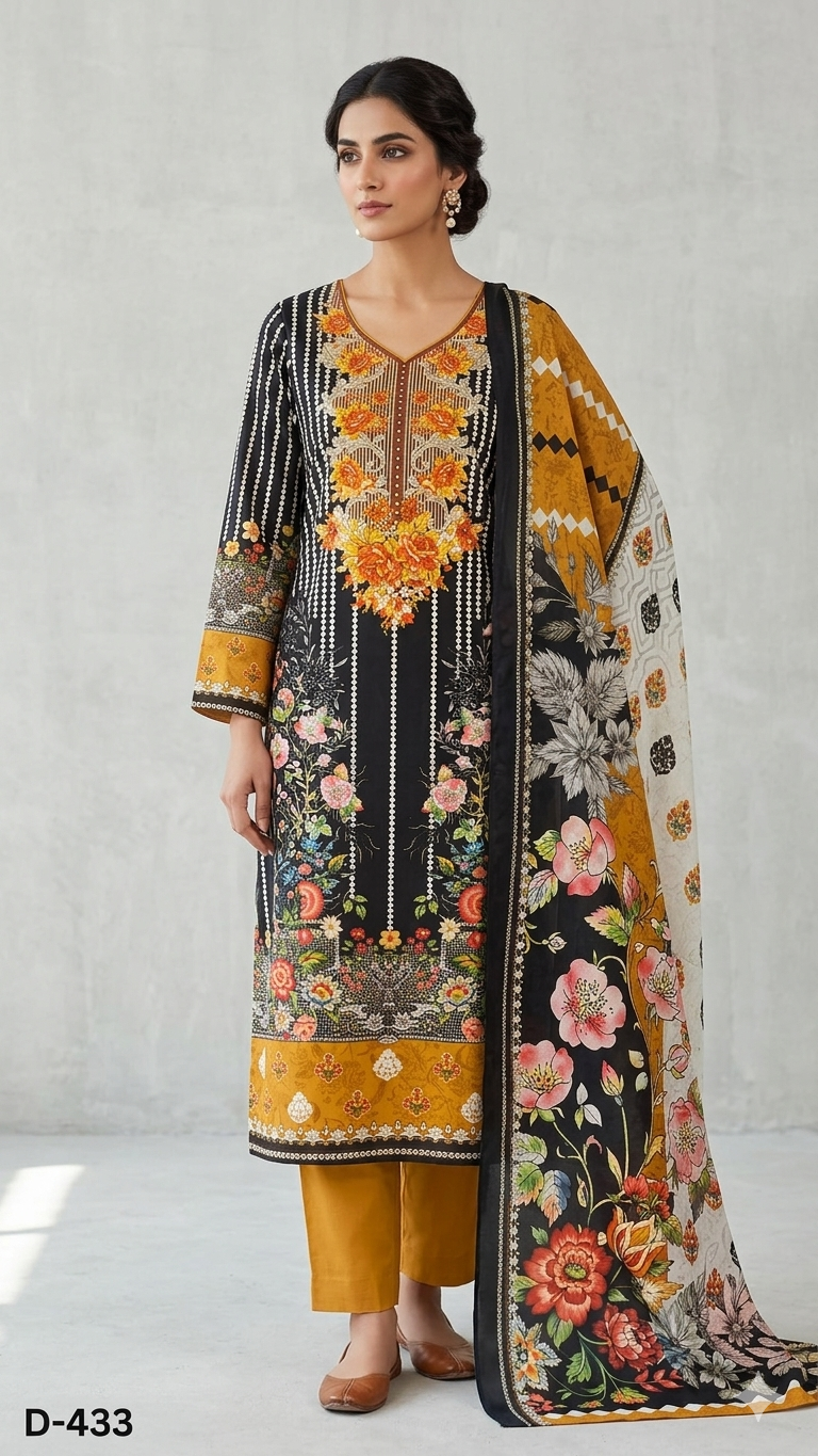 Zam Zam Cotton থ্রি-পিস | Black & Mustard Bold Floral Printed | A+ Grade Unstitched | বাংলাদেশি নারীদের Regular Wear