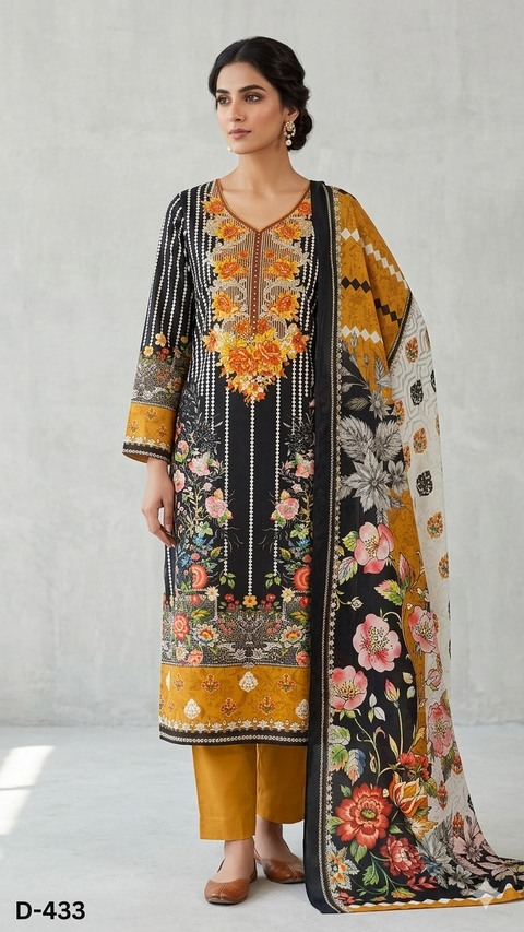 Zam Zam Cotton থ্রি-পিস | Black & Mustard Bold Floral Printed | A+ Grade Unstitched | বাংলাদেশি নারীদের Regular Wear