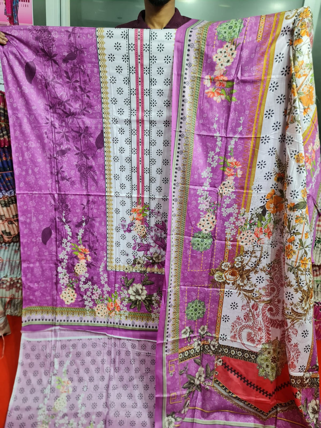 Zam Zam Cotton থ্রি-পিস | Purple & White Vibrant Floral Printed | A+ Grade Unstitched | বাংলাদেশি নারীদের Regular Wear