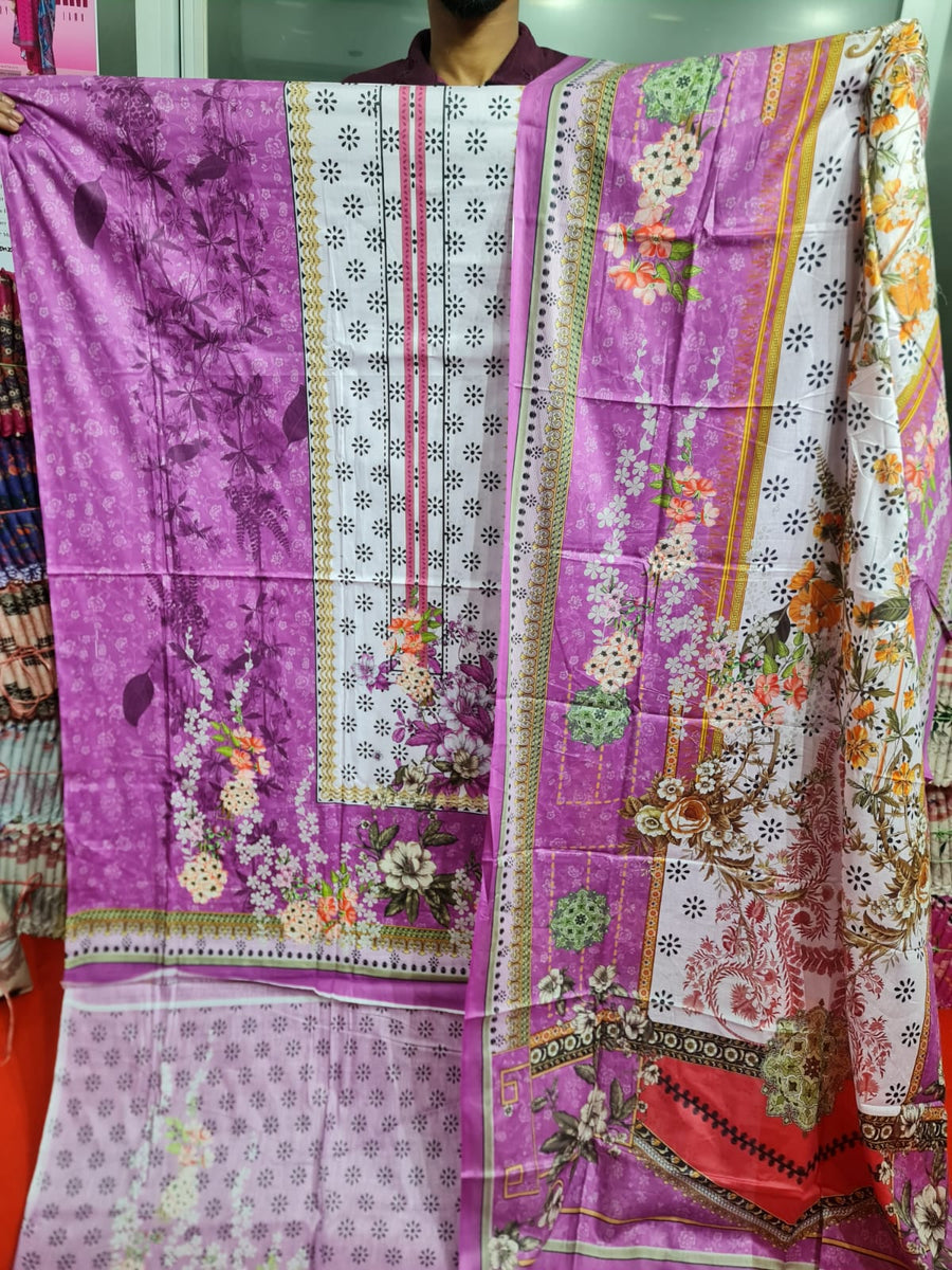 Zam Zam Cotton থ্রি-পিস | Purple & White Vibrant Floral Printed | A+ Grade Unstitched | বাংলাদেশি নারীদের Regular Wear