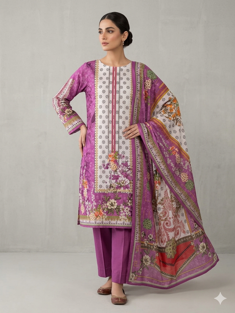Zam Zam Cotton থ্রি-পিস | Purple & White Vibrant Floral Printed | A+ Grade Unstitched | বাংলাদেশি নারীদের Regular Wear