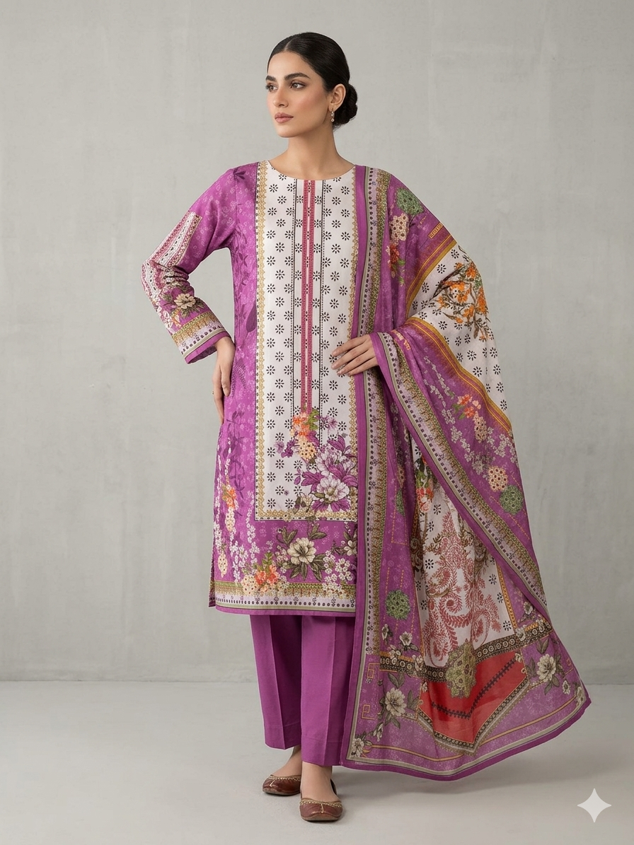 Zam Zam Cotton থ্রি-পিস | Purple & White Vibrant Floral Printed | A+ Grade Unstitched | বাংলাদেশি নারীদের Regular Wear