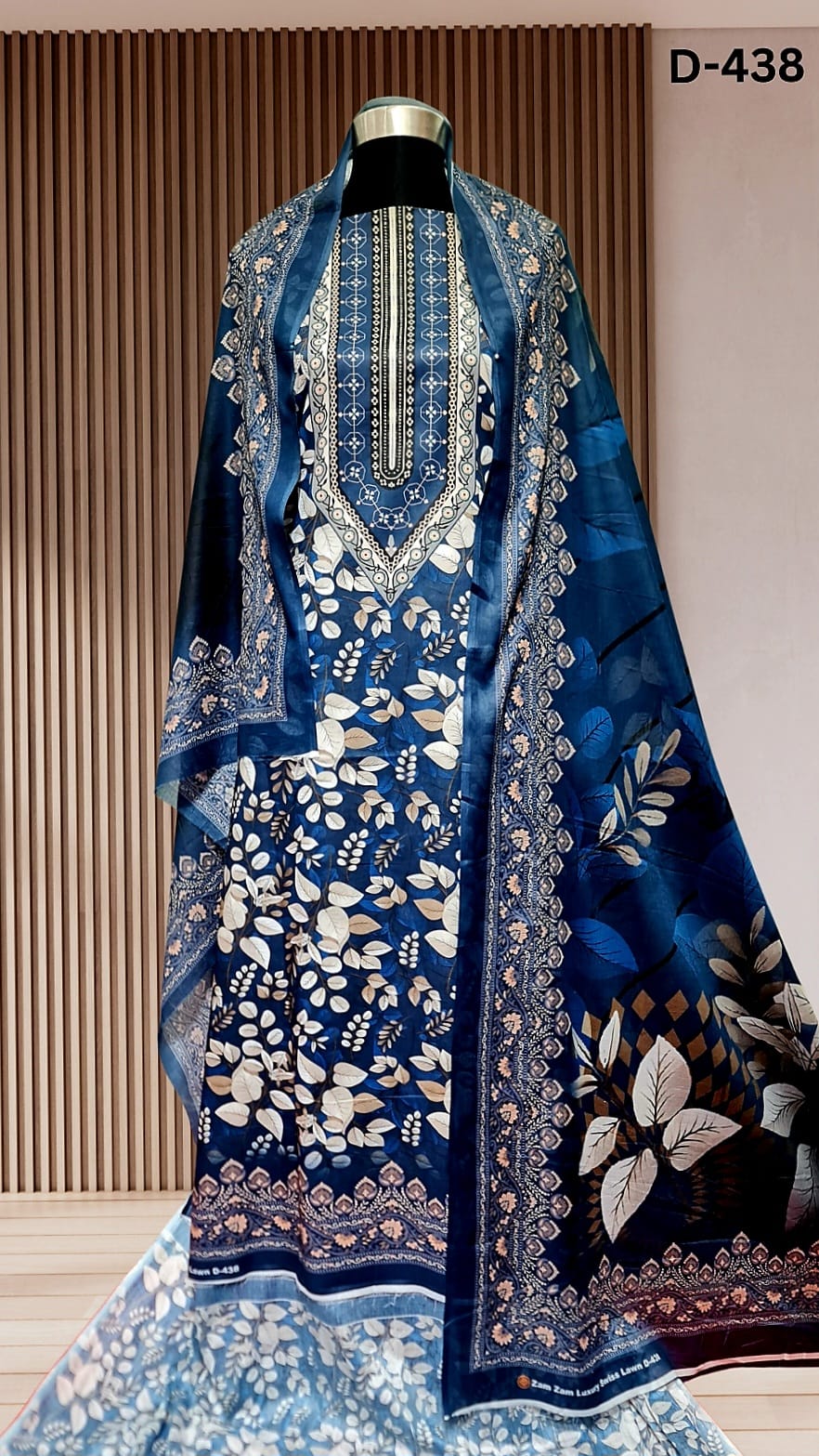 Zam Zam Luxury Cotton থ্রি-পিস | Navy Blue Leaf & Floral Printed | A+ Grade Unstitched | বাংলাদেশি নারীদের Regular Wear