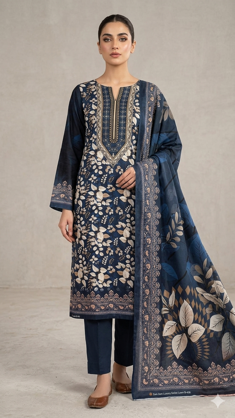 Zam Zam Luxury Cotton থ্রি-পিস | Navy Blue Leaf & Floral Printed | A+ Grade Unstitched | বাংলাদেশি নারীদের Regular Wear