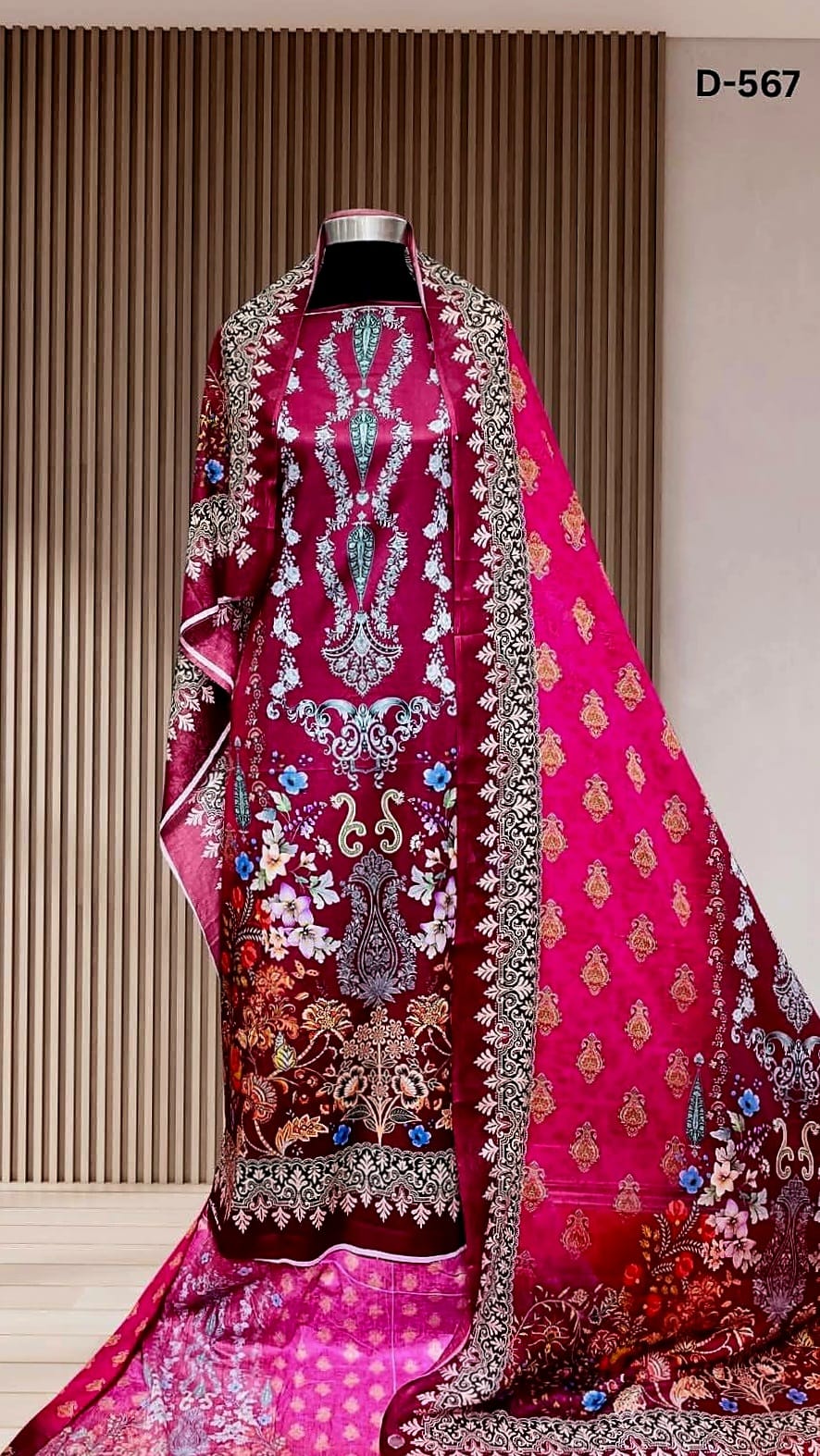 Zam Zam Luxury Cotton থ্রি-পিস | Maroon & Magenta Baroque Floral Printed | A+ Grade Unstitched | বাংলাদেশি নারীদের Regular Wear