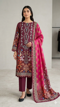 Zam Zam Luxury Cotton থ্রি-পিস | Maroon & Magenta Baroque Floral Printed | A+ Grade Unstitched | বাংলাদেশি নারীদের Regular Wear