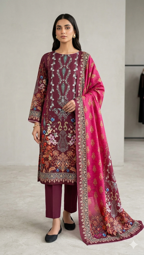 Zam Zam Luxury Cotton থ্রি-পিস | Maroon & Magenta Baroque Floral Printed | A+ Grade Unstitched | বাংলাদেশি নারীদের Regular Wear