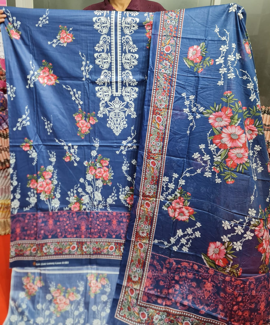 Zam Zam Cotton থ্রি-পিস | Slate Blue Elegant Floral Printed | A+ Grade Unstitched | বাংলাদেশি নারীদের Regular Wear