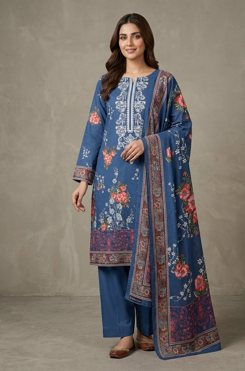 Zam Zam Cotton থ্রি-পিস | Slate Blue Elegant Floral Printed | A+ Grade Unstitched | বাংলাদেশি নারীদের Regular Wear