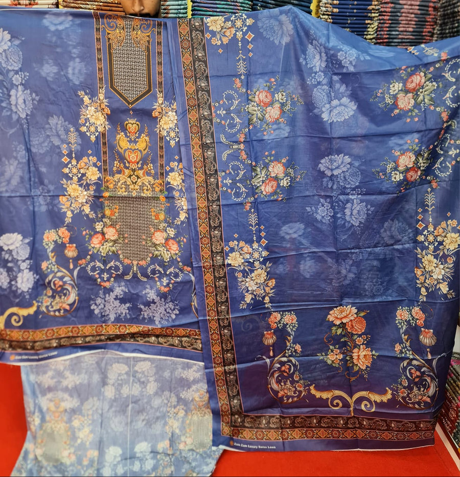 Zam Zam Luxury Swiss Lawn থ্রি-পিস | Royal Blue Baroque Floral Printed | Unstitched | Women Regular Wear