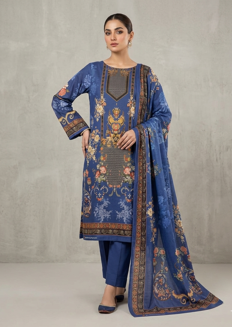 Zam Zam Luxury Swiss Lawn থ্রি-পিস | Royal Blue Baroque Floral Printed | Unstitched | Women Regular Wear