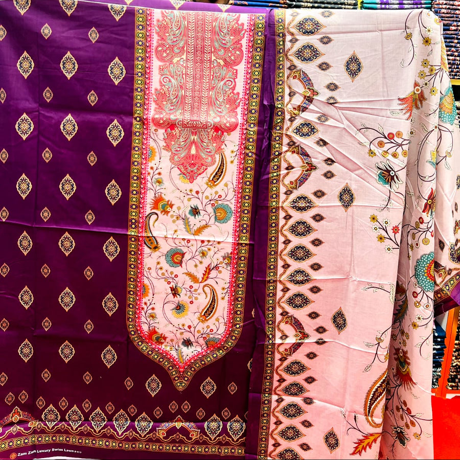 Zam Zam Luxury Swiss Lawn থ্রি-পিস | Purple & Pink Paisley Geometric Printed | Unstitched | Regular Wear