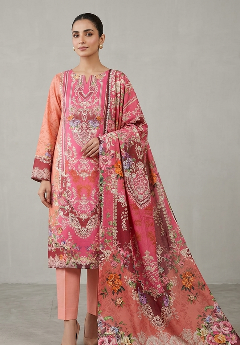 Zam Zam Cotton থ্রি-পিস | Coral Pink Floral & Paisley Printed | A+ Grade Unstitched |  Regular Wear